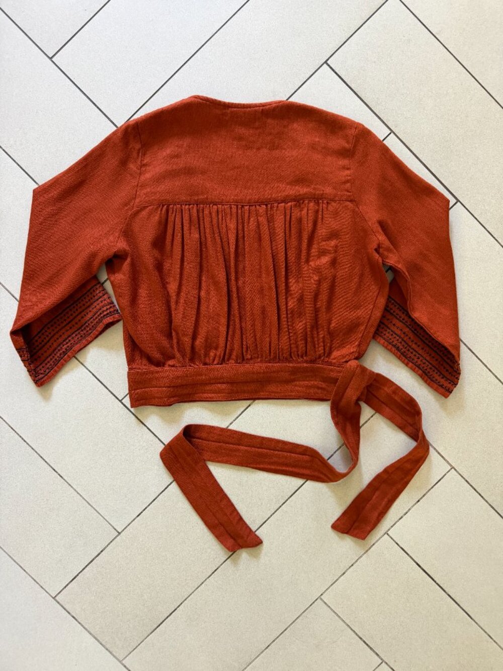 Rue Stiic Rust & Black Linen Embroidered Wrap Top Small Boho Festival Top - Picture 5 of 7